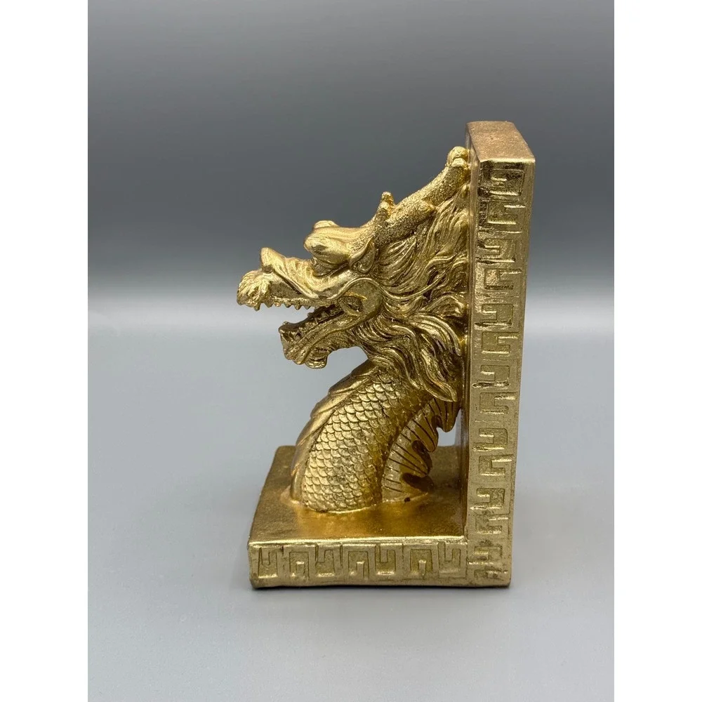 Gold Dragon Head Bookend Mythical Chinese Greek Key Decor 6 Inch Single